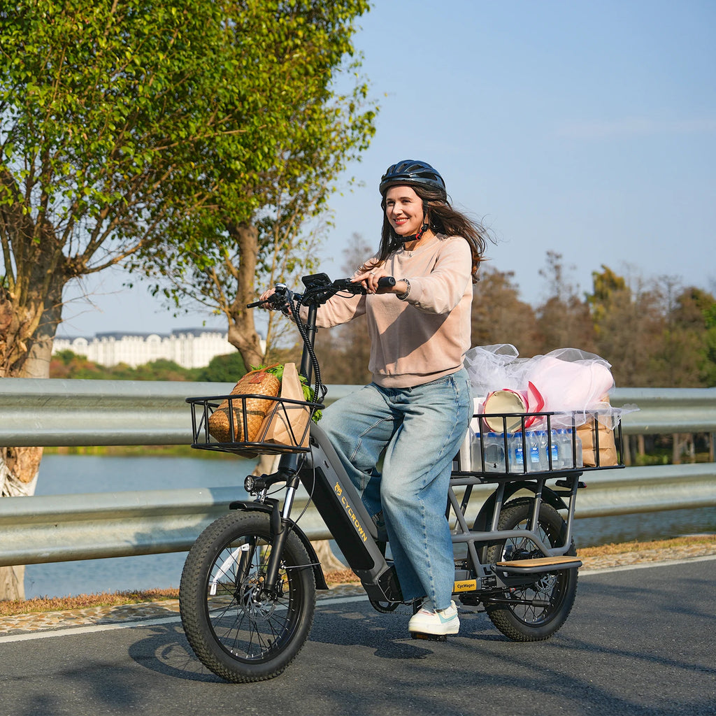 Electric Cargo Bike For Adults CYCROWN 20x3" 1000W Motor Top Speed 28Mph City E-Bike 48V 25AH Max Range 120Miles Load 400Ibs