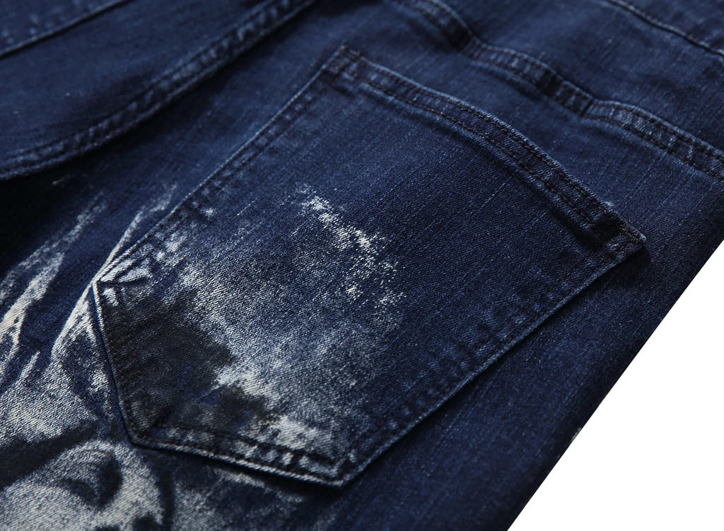 2026 Men's Blue 3D Printing Jeans, Black Wolf Pattern Printed Punk Straight Cotton Casual Print Denim Pants Asian Size 28-42