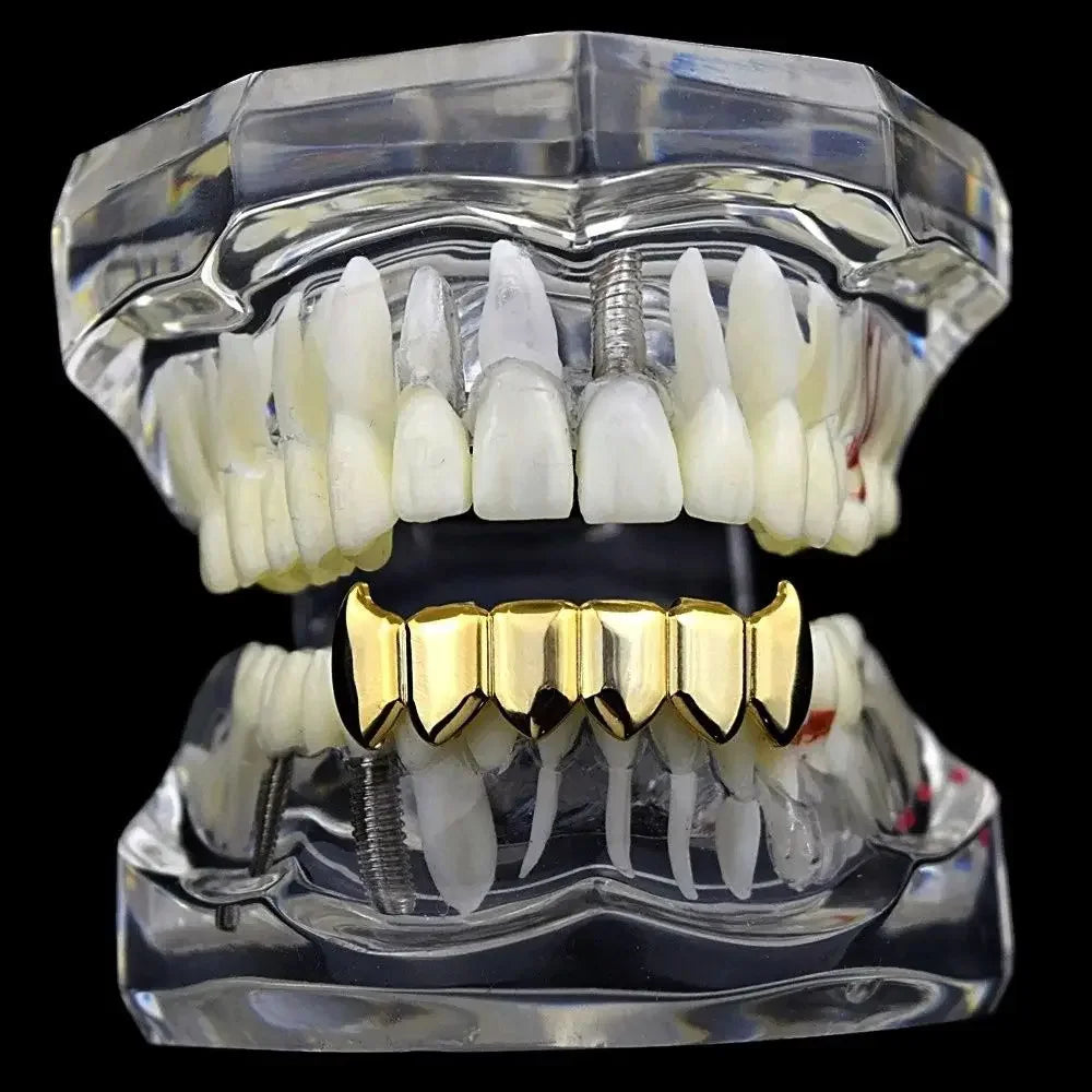 Gold Silver Plated HIP HOP Teeth Grillz Top & Bottom Grills Set With silicone Real Shiny Vampire Tooth Sets