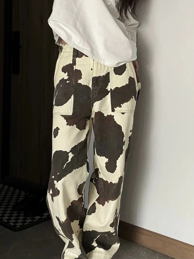 2024 Ropa Y2K Fashion Cow Pattern Baggy New Jeans Pants For Women Designer Clothes Straight Cotton Korean Casual Lady Trousers