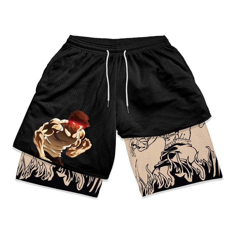 Anime Baki Hanma Gym Workout Shorts for Men Athletic Quick Dry 2 in 1 Compression Shorts Cosplay Costume