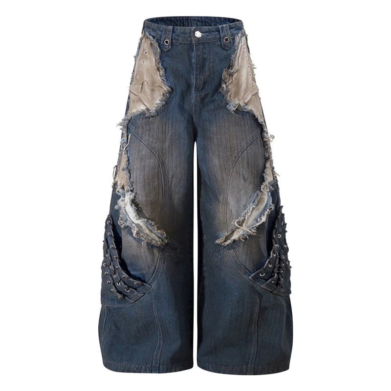 High Street Men's Denim Trousers Patchwork Contrast Color Drawstring Raw Edge Dirty-dying Worn-out Male Jeans New