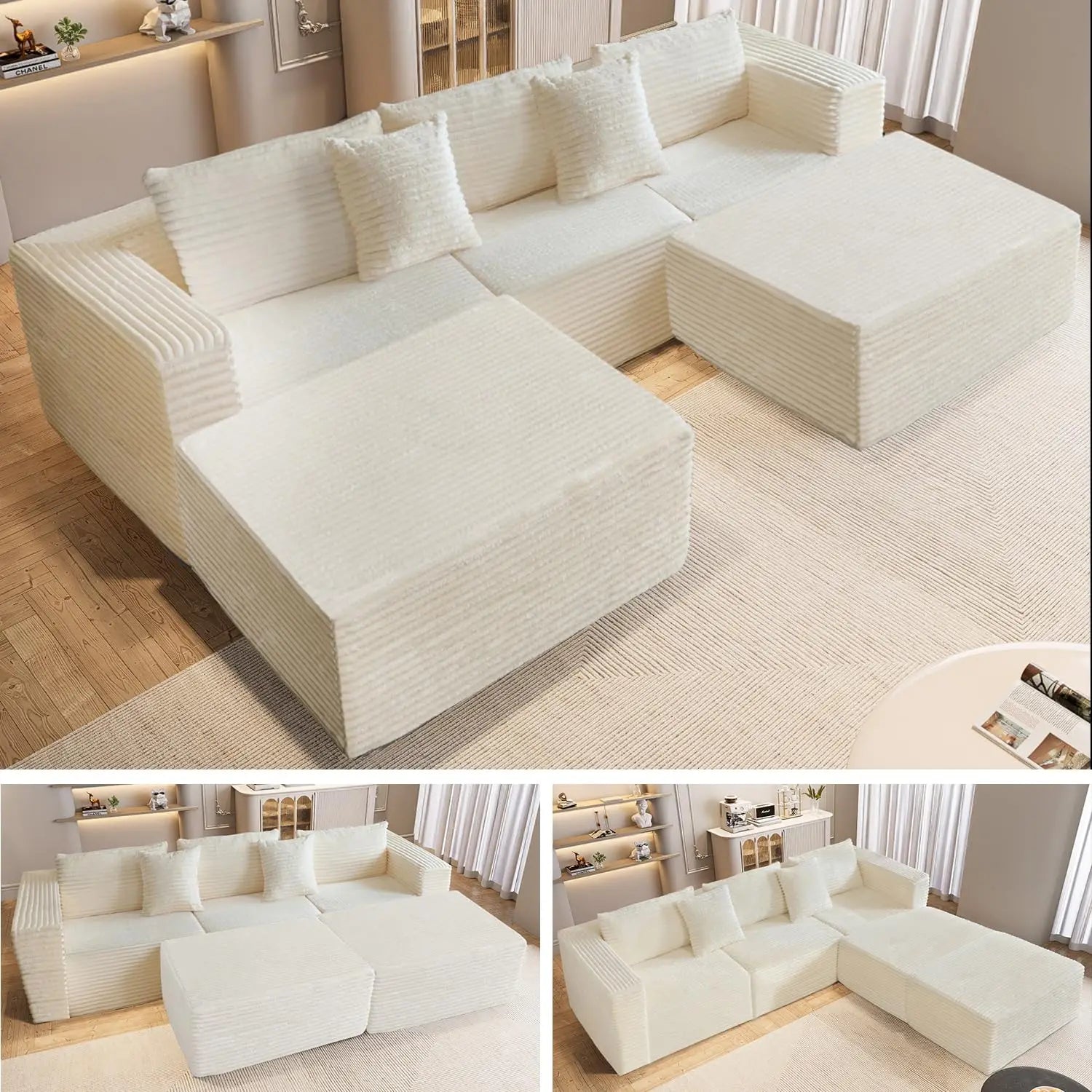 110" Modular Sectional Couch with 2 Movable Ottoman,3-Seater Boneless Cloud Sofa Couches for Living Room, U Shaped, Customized