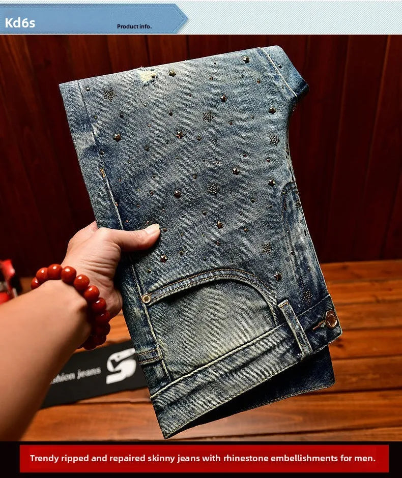 Fashionable light luxury jeans with men's patch design trendy retro elastic ripped pants