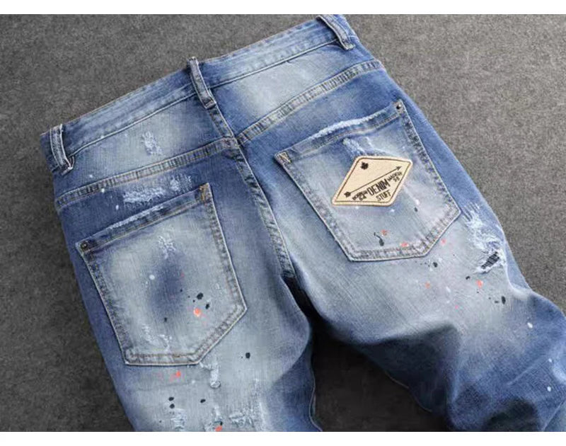 Fashionable new jeans washed with nostalgia, stretchy, slim fit, light blue, men's ripped patch jeans, high street hip-hop pants