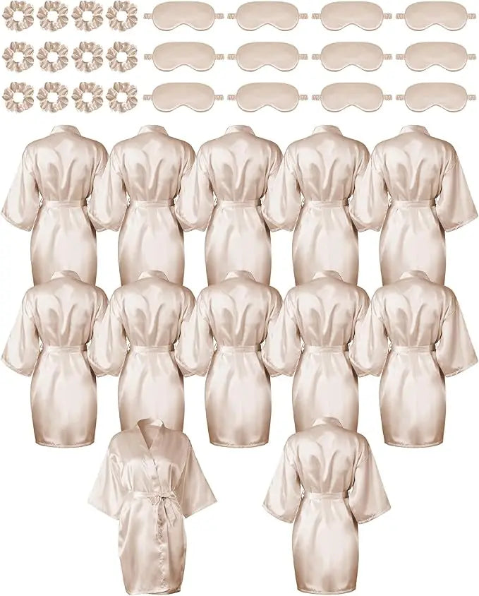 12 Pack Satin Women Robes Kimono Robe Bulk with Sleeping Mask and Hair Tie Sets Silky Bathrobes for Birthday Wedding Party