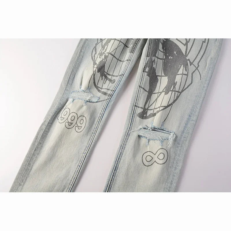 Men's High Street KSUBI Distressed Faded Blue Stretch Skinny Pattern Printing High Quality Button Fly Ripped Jeans Pants