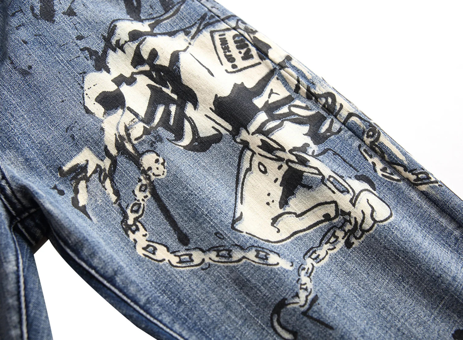 2026 Men's Blue 3D Printing Jeans, Black Wolf Pattern Printed Punk Straight Cotton Casual Print Denim Pants Asian Size 28-42