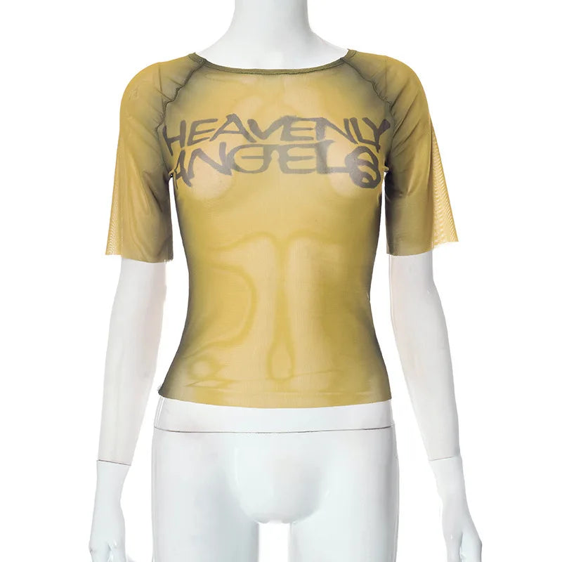 HLJ&GG American Vintage Fashion Letter Mesh See Though Two Piece Sets Women O Neck Short Sleeve Slim Crop Top And Pants Outfits