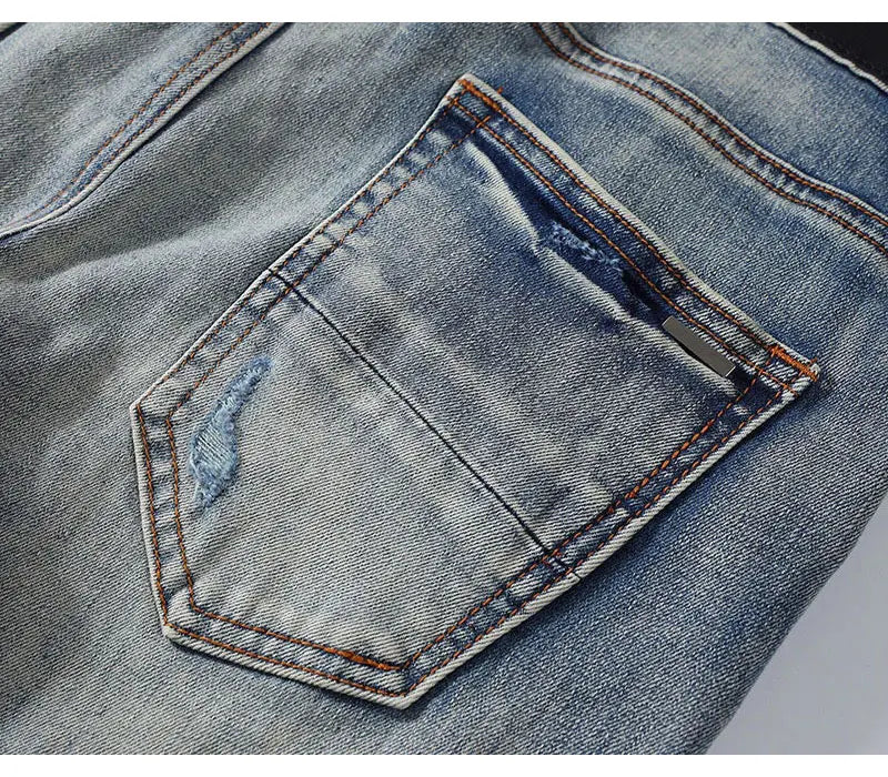 European and American designers fashion new men's jeans stretch slim fit retro light blue patchwork white patch jeans high stree