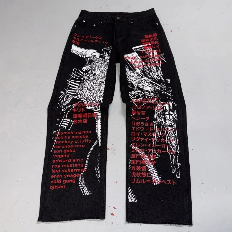 Anime Print Baggy Jeans Men Harajuku Hip Hop Black Denim Pants Streetwear Y2K Manga Graphic Wide Leg Trousers Gothic Clothes