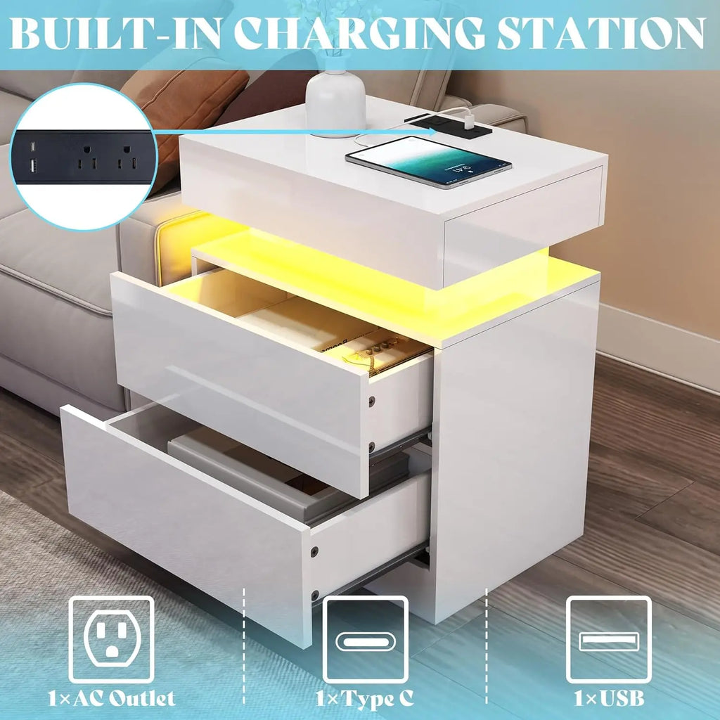 High Gloss 3 Pieces Living Room Table Set, Modern LED Coffee Table Sets of 3, 2-Tier Center Table with 2 End Side Tables, White