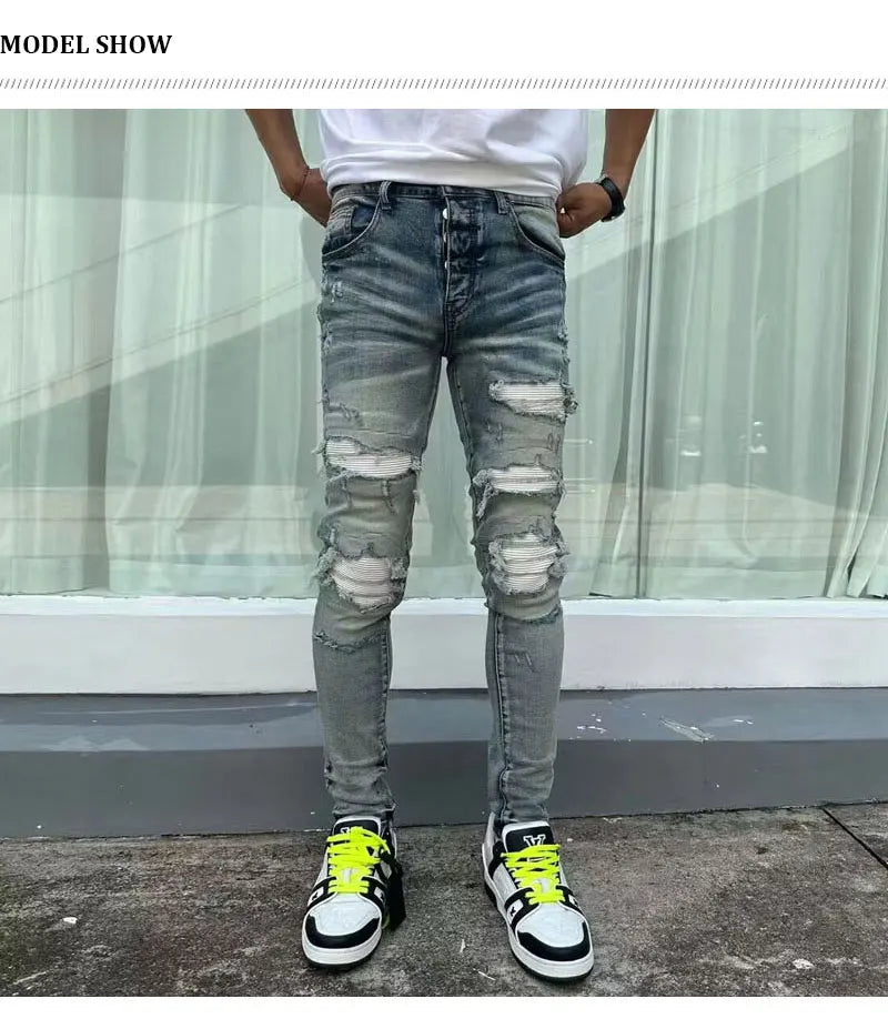 European and American designers fashion new men's jeans stretch slim fit retro light blue patchwork white patch jeans high stree