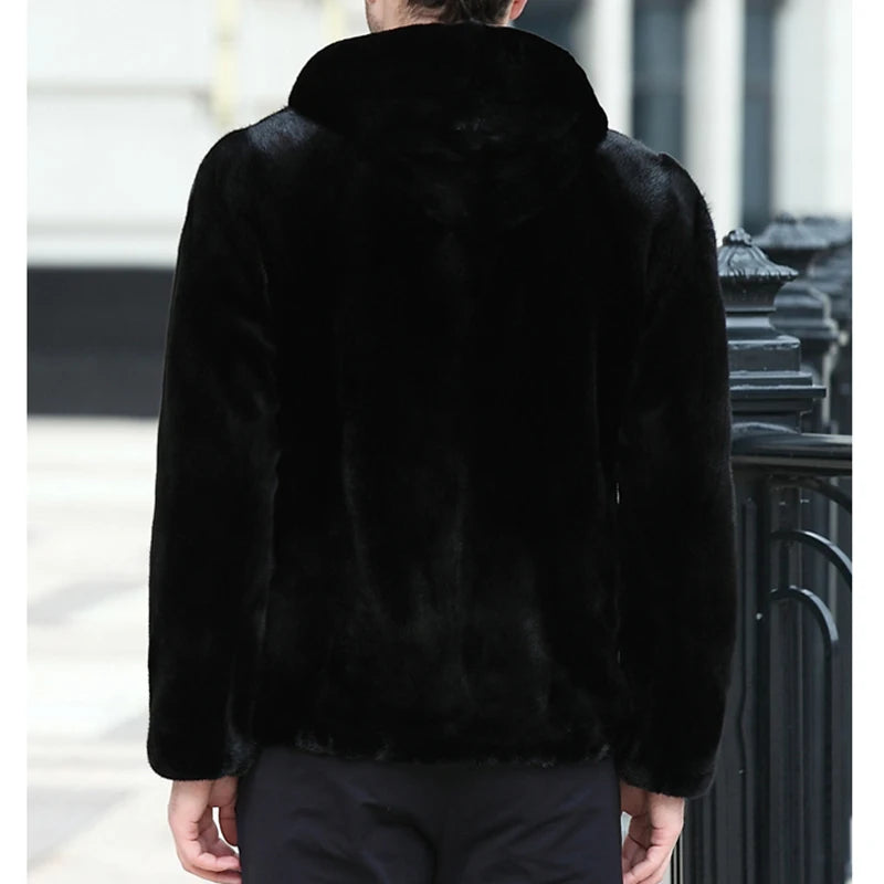 Real Men Mink Fur Coat With Hood Winter Warm Full Pelt Fur Classic Black Color Luxurious Thick Mens Coats 2023 Outwear Jacket