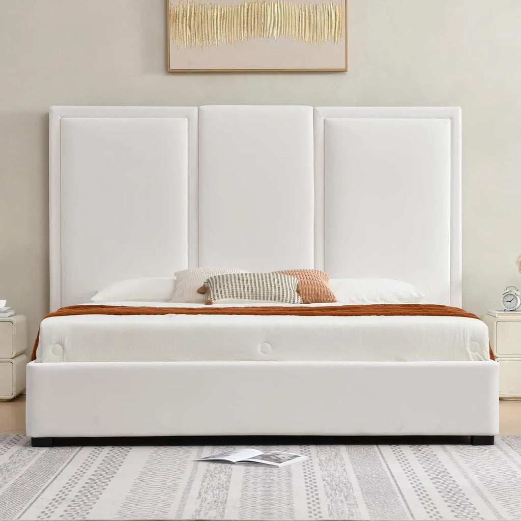 King Size Bed Frame Linen Upholstered Platform with 64-inch High Headboard And Storage Simple Airey Design Customized
