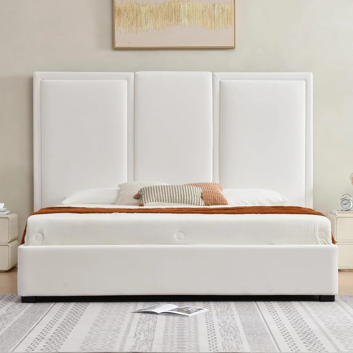 King Size Bed Frame Linen Upholstered Platform with 64-inch High Headboard And Storage Simple Airey Design Customized