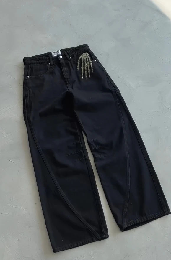Thriller Zombie Full Embroidery Hip Hop Punk Jeans Men Women High Waist Straight Wide Leg Denim Pants Y2k Retro Baggy Jeans