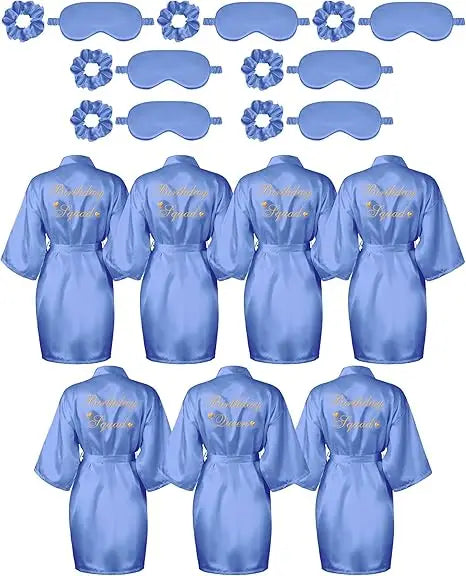 21 Pcs Women Birthday Party Robe Set Queen Squad Kimono Satin Bathrobes with Eye Mask and Scrunchie for Birthday