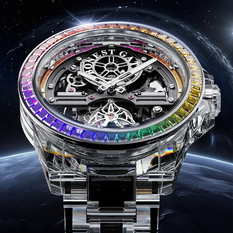 BONEST GATTI luxury Full Skeleton Automatic Mechanical Watch Sapphire Back 48 Rainbow Diamonds Luminous Luxury Wristwatch Men