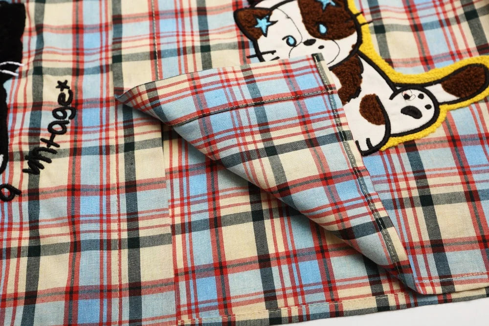 Cartoon Embroidery Short Sleeve Checked Shirt Mens Summer Retro Casual Spliced Lapel Single Breasted Half-Sleeve Plaid Shirts