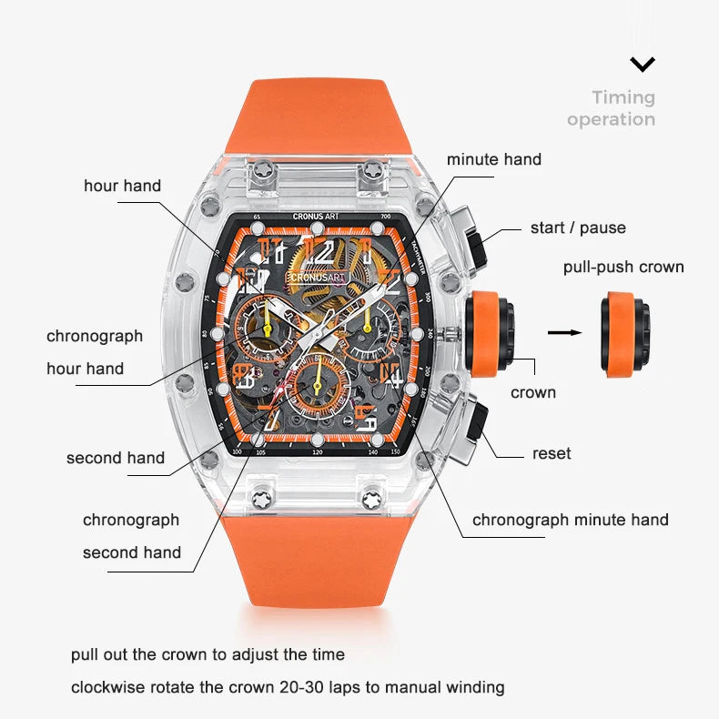 CRONUSART Men Chronograph Watch Tonneau Mechanical Wristwatch Sapphire Case & Mirror Luminous FKM Strap Skeleton Dial