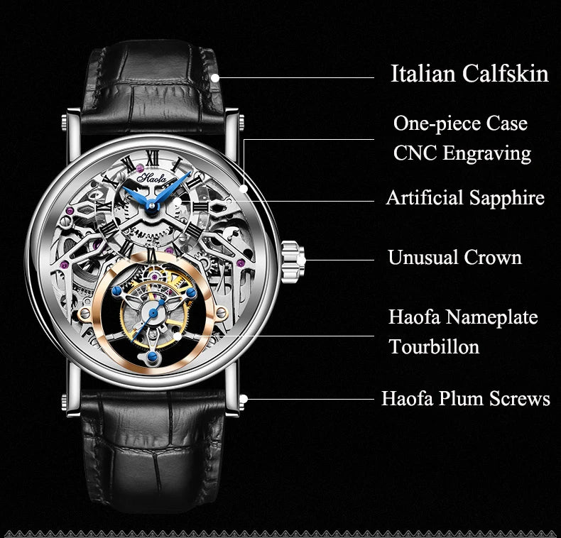 Haofa Tourbillon Watch for Men CNC Classical Texture Engraving Sapphire Manual Skeleton Movement Mechancial Watch Business 1602