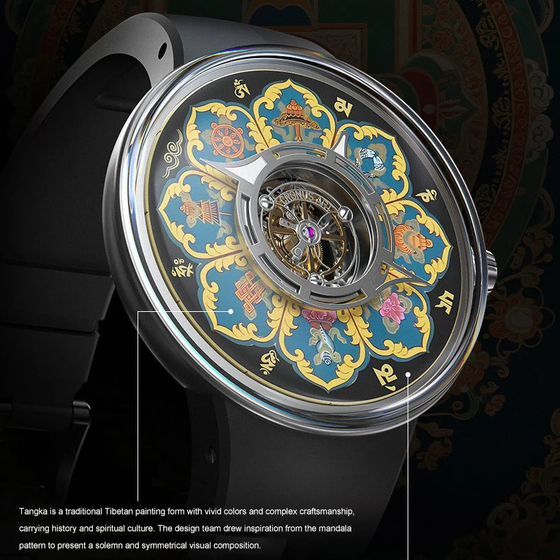 CRONUSART Men Tourbillon Watch 43mm Titanium Case Mechanical Wristwatch Luminous Tangka Enamel Dial Sapphire Mirror Skeleton