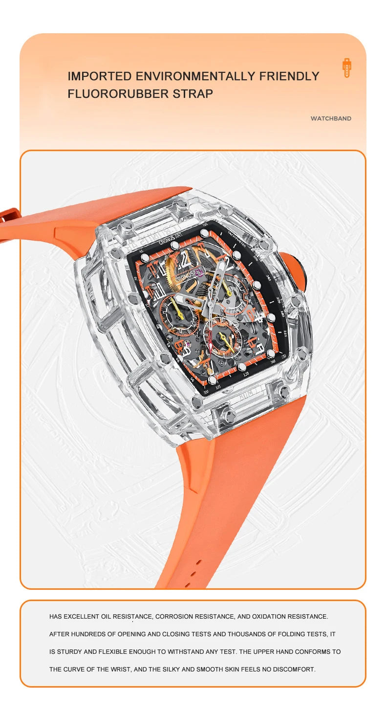 CRONUSART Men Chronograph Watch Tonneau Mechanical Wristwatch Sapphire Case & Mirror Luminous FKM Strap Skeleton Dial