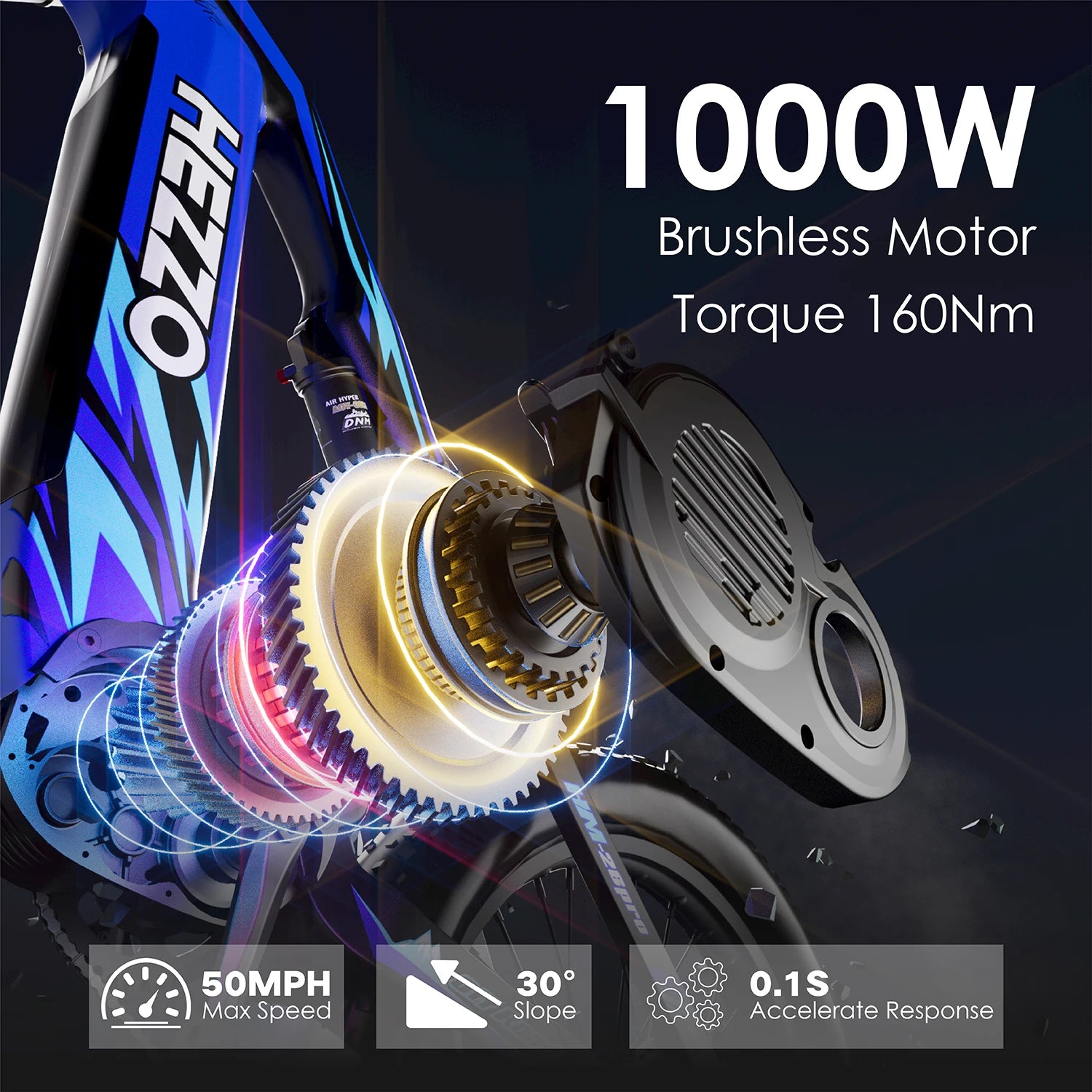 HEZZO K9 Ebike 1000W 52V Middrive Ebike 52V 21Ah Battery 160N.m Oil Brakes Power-Off Protection Off-Road Powerful Electric Bike