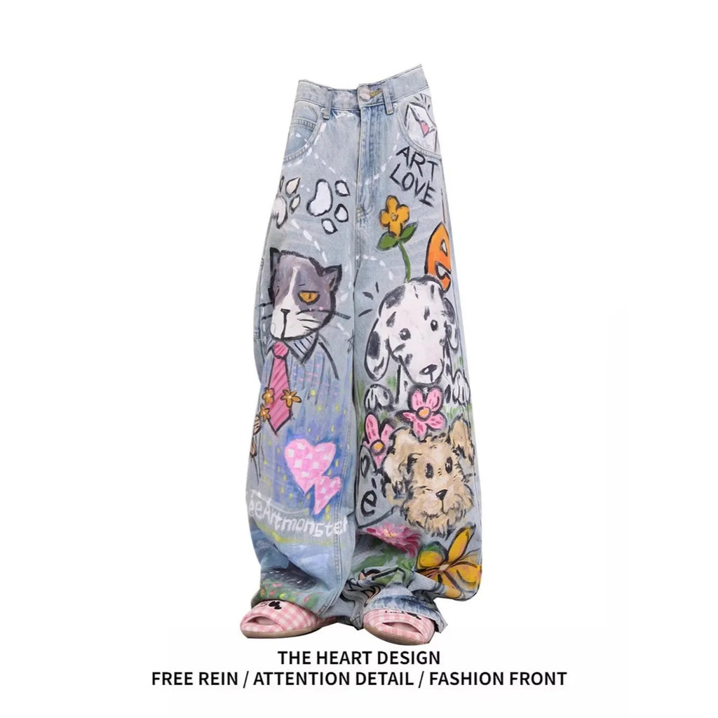 Blue Cartoon Doodle Printed Jeans American Vintage Casual Straight Loose High Street Wide Leg Baggy Y2k Streetwear Denim Pants