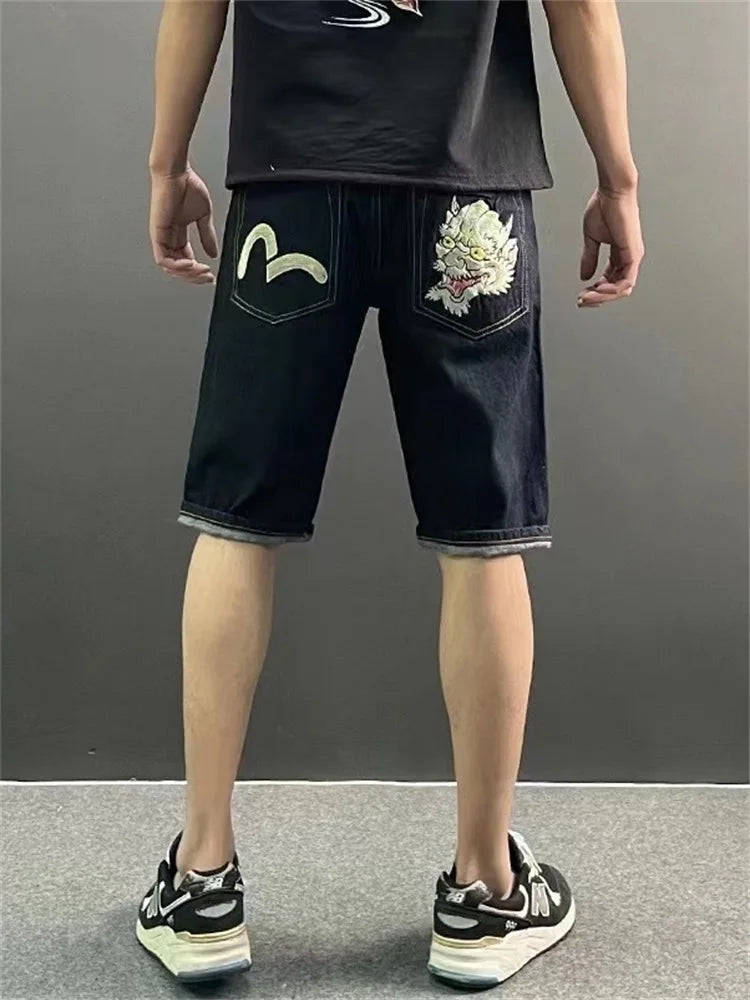 Men Embroidery Denim Shorts Black Hiphop Jeans Pants Cherry Blossom Dragon Totem Washed Zipper Cotton Summer cherry blossoms 024