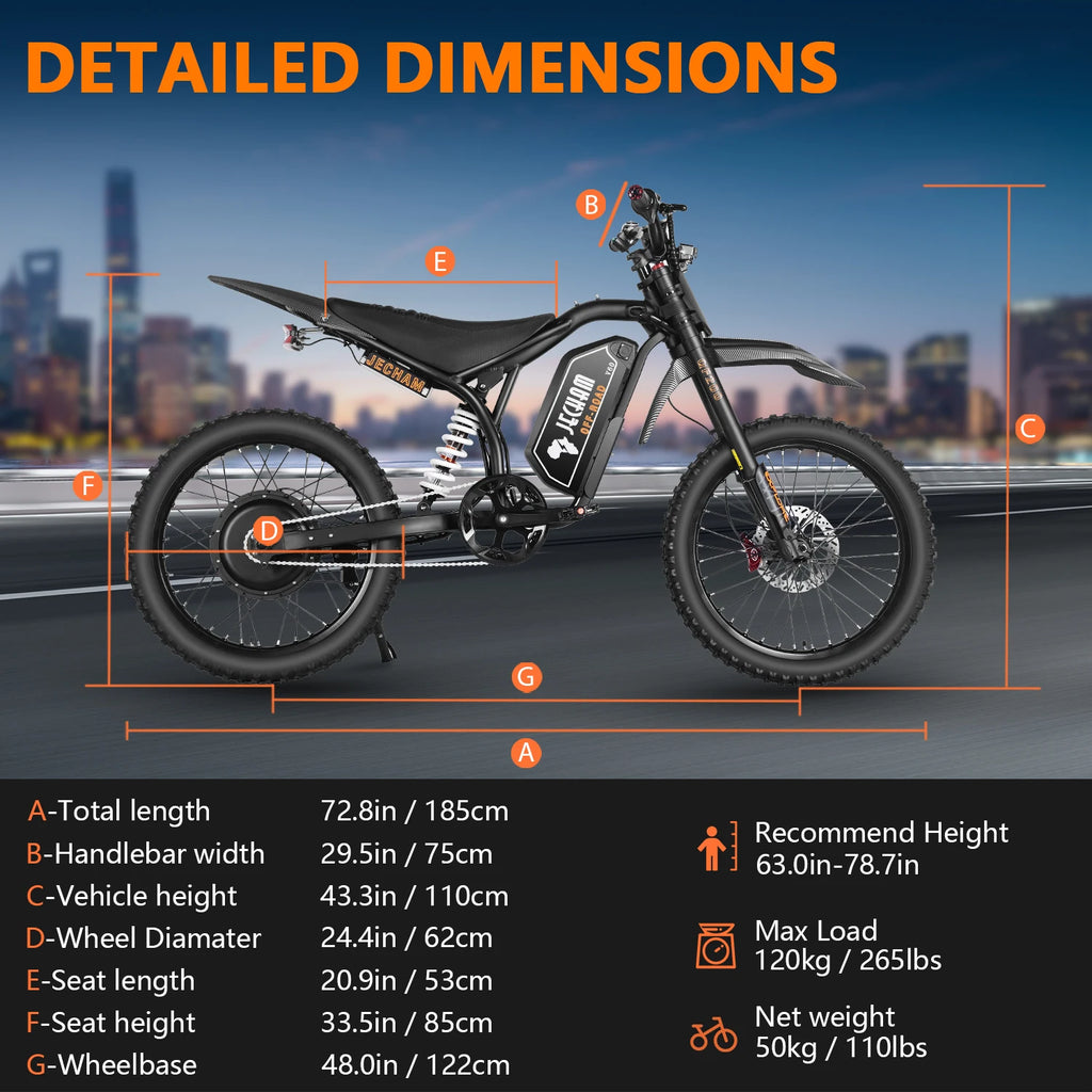 JECHAM QF200 Electric Bike For Adult 3000W Mountain Off-Road Motorcycle 60V 32Ah Battery 19*3.0 Inch Fat Tire E-bike Bicycle