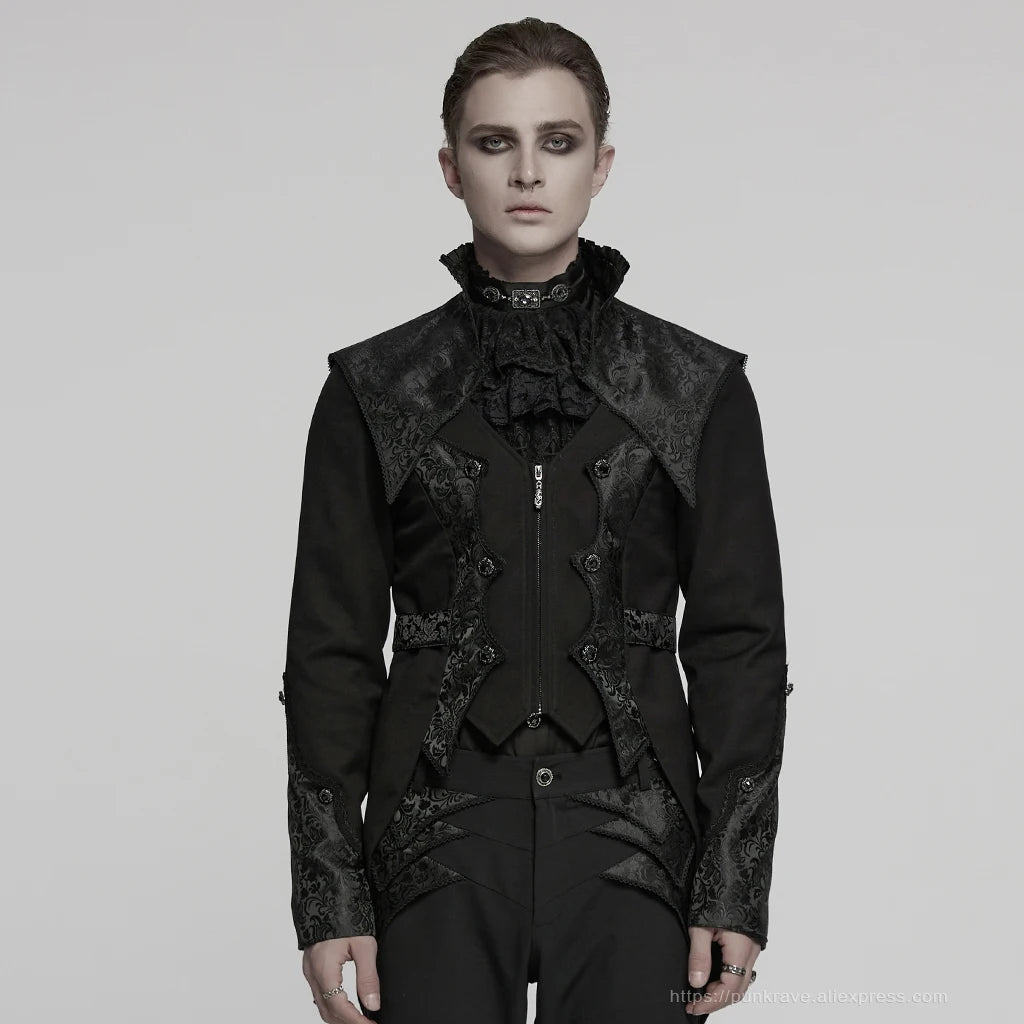 PUNK RAVE Men's Gothic Textured Jacquard Luxury Gentleman Tuxedo Handsome Stand Up Collar Cloud Shoulder Style Elegant Jacket