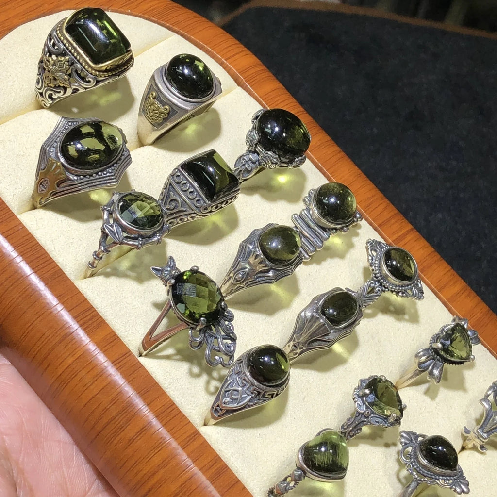 1 Pc Natural Czech Moldavite Cabochon Ring 925 Sterling Silver Resizable Reiki Healing Stone Jewelry Gift For Women Men