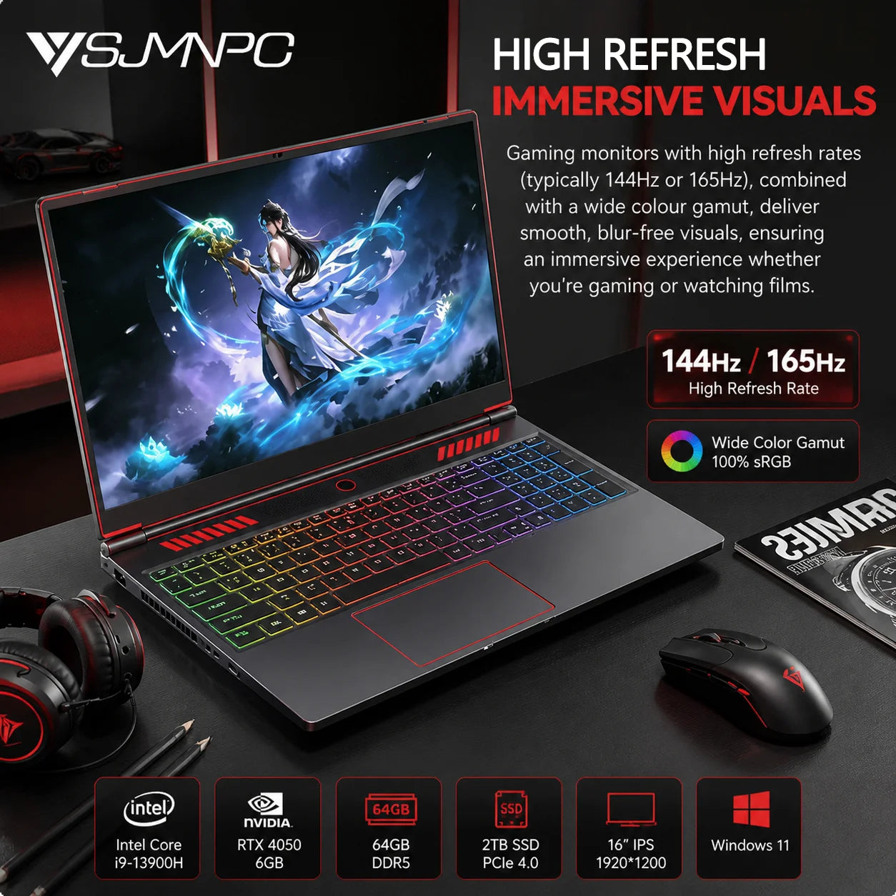 Oushedi Gaming Laptop Computer Intel Core i9-13900H NVIDIA RTX 4050 6G 16 Inch IPS 2*DDR5 MAX 64GB 2*M.2 PCIE SSD WIFI Windows11