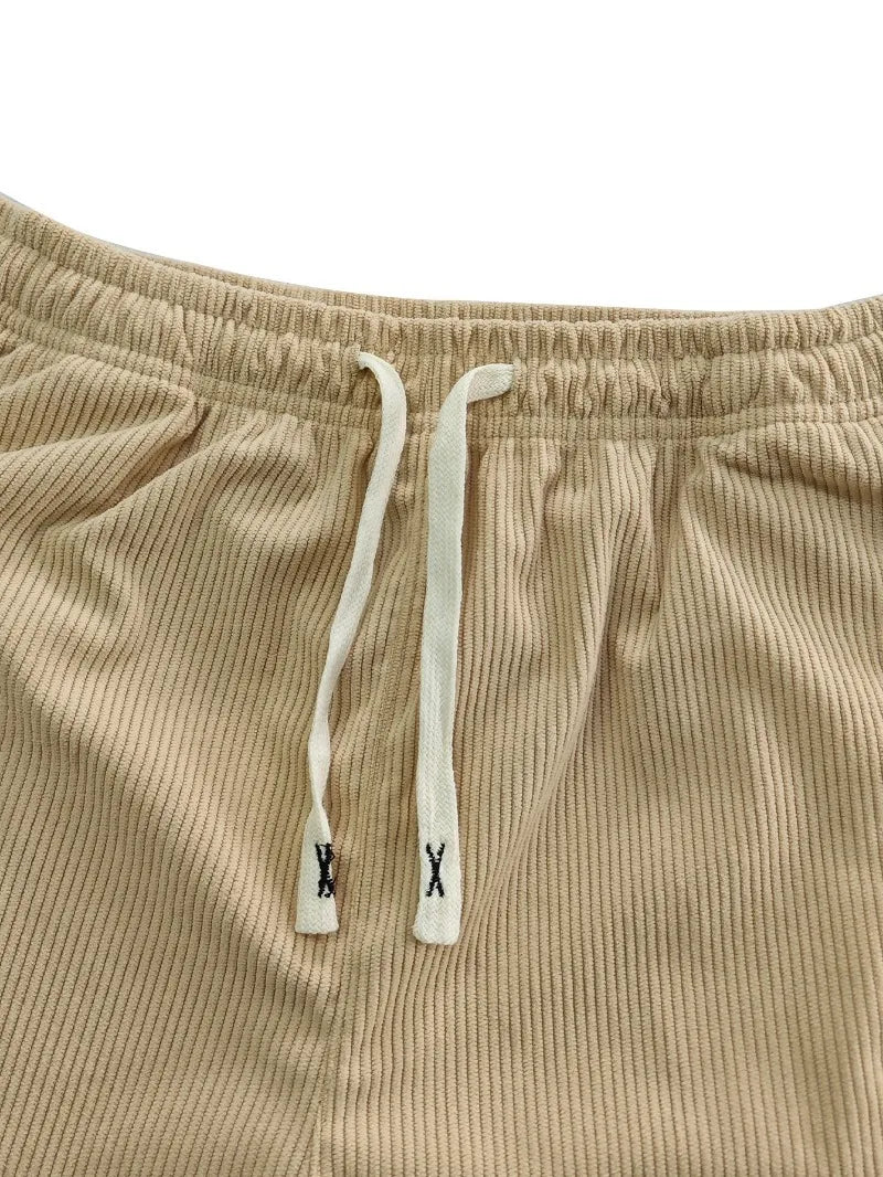Women's Corduroy Pants Texture Straight-Leg Trousers with Drawstring Waist & White Piping - All-Season Casual to Semi-Formal