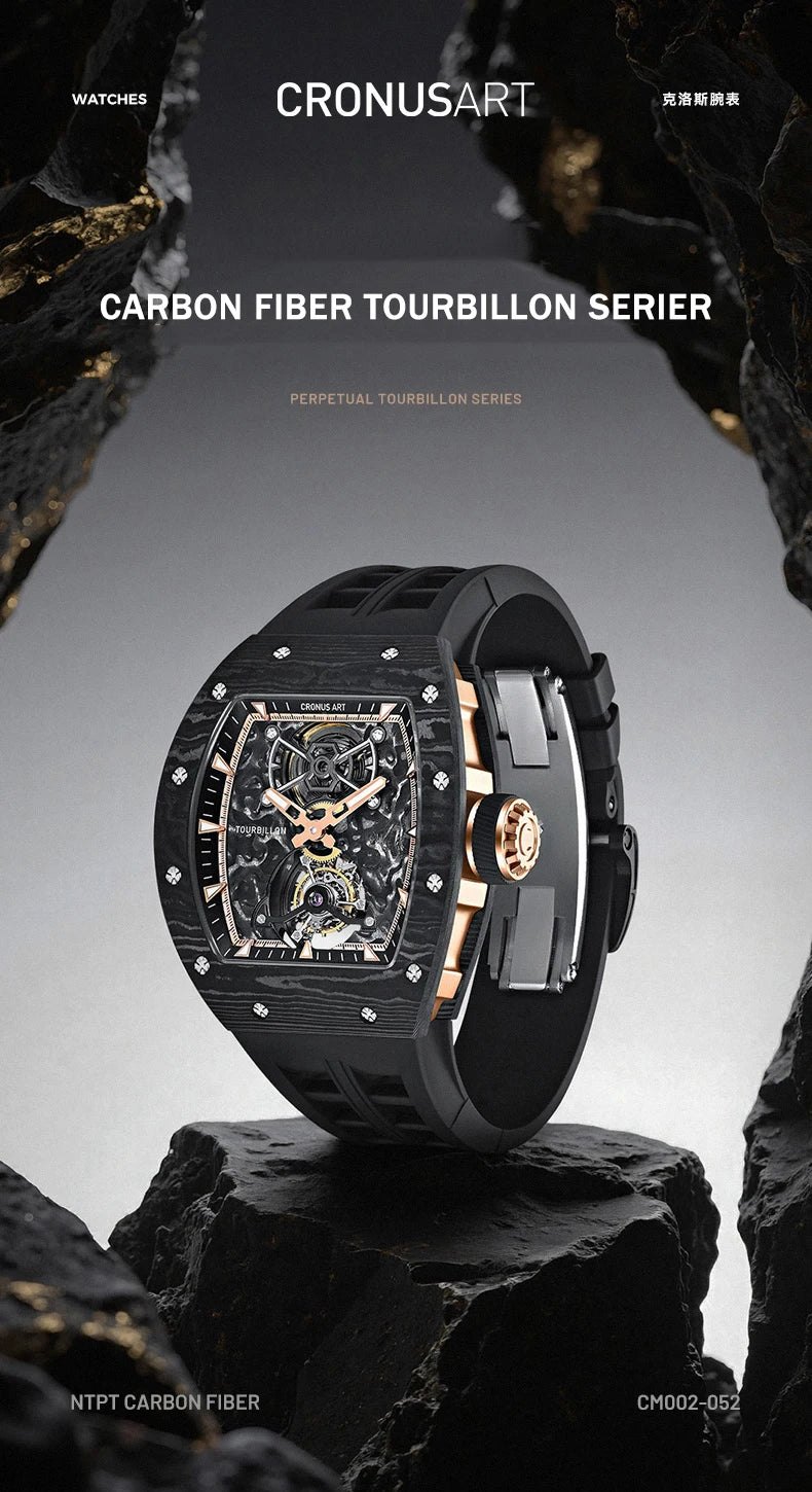 CRONUSART Men Tourbillon Watch 50mm Tonneau Mechanical Wristwatch Carbon Fiber Case & Dial Luminous Sapphire Mirror