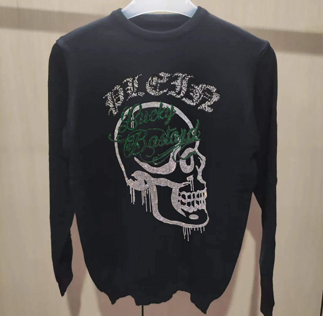 Men's Streetwear Sweater Rhinestone Skull Trendy Cartoon design Male Pullover Plus Size Black Tops Hip-Hop Round Neck Clothing