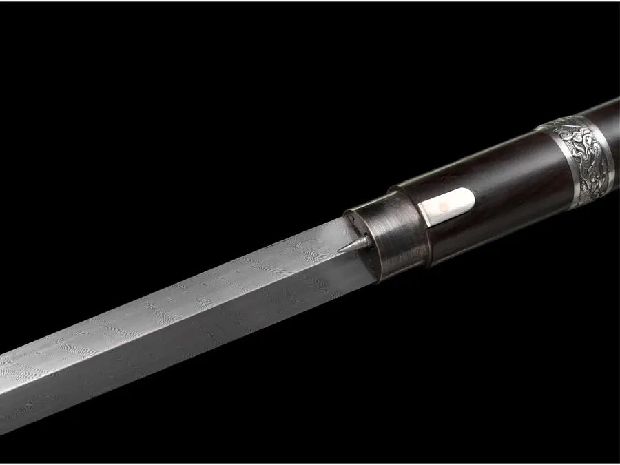 Chinese Staff Sword Folded Steel Damascus Blade Sharp Real Ebony Wood Scabbard Walking Stick Samurai Swords Silver Dragon Katana
