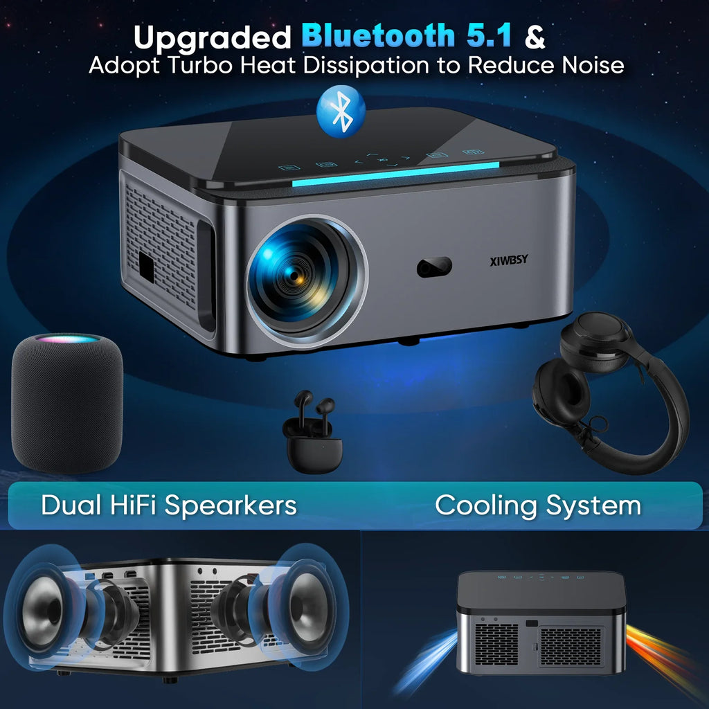 XIWBSY 1000ANSI Android Projector 25000 Lumens 4K AutoFocus/Keystone Projector Office Video Home Theater Portable Beamer Outdoor