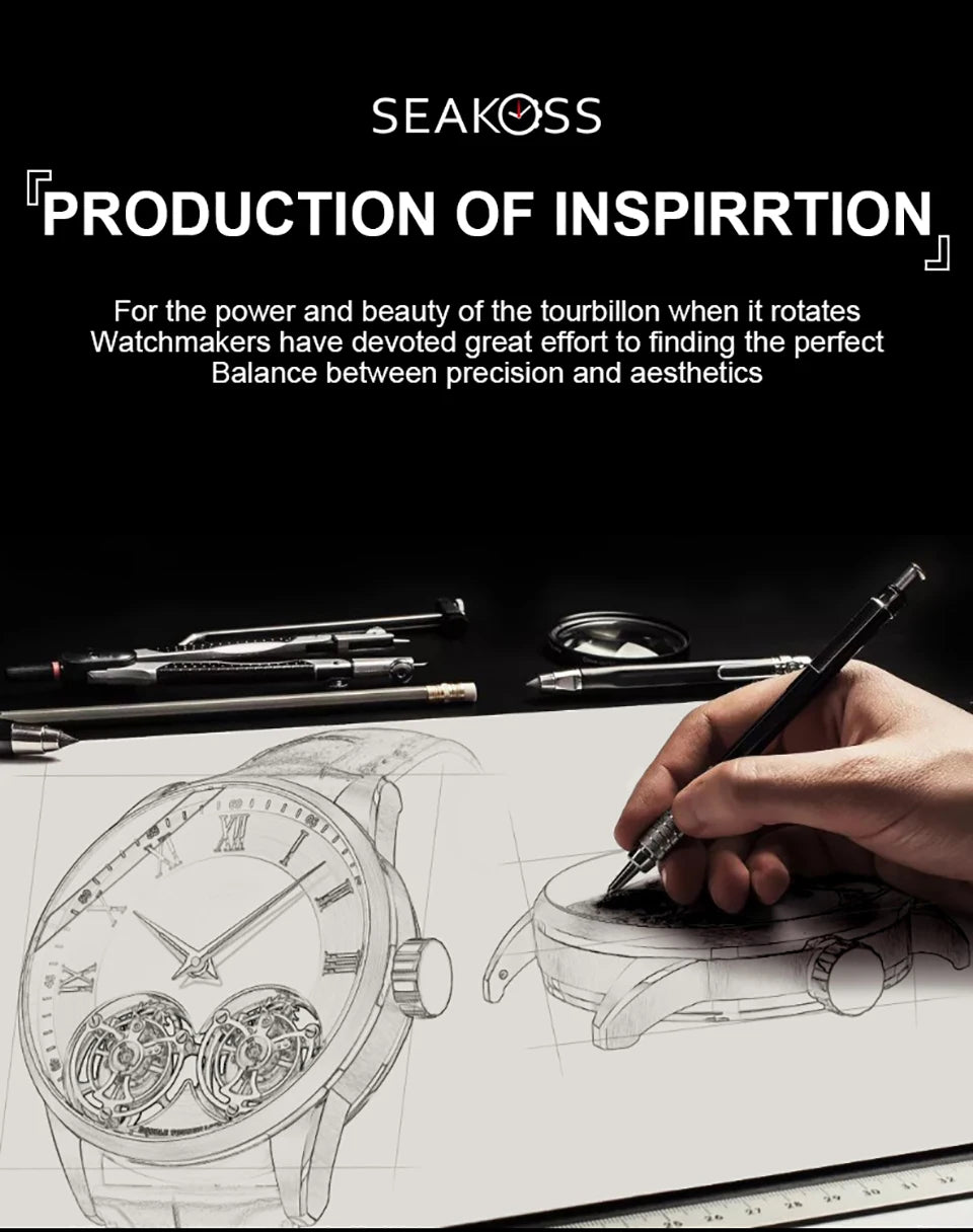 SEAKOSS Luxury Skeleton Men's Tourbillon Manual Mechanical Watches Double Tourbillon Luminous Hands Watch for Men Sapphire Glass
