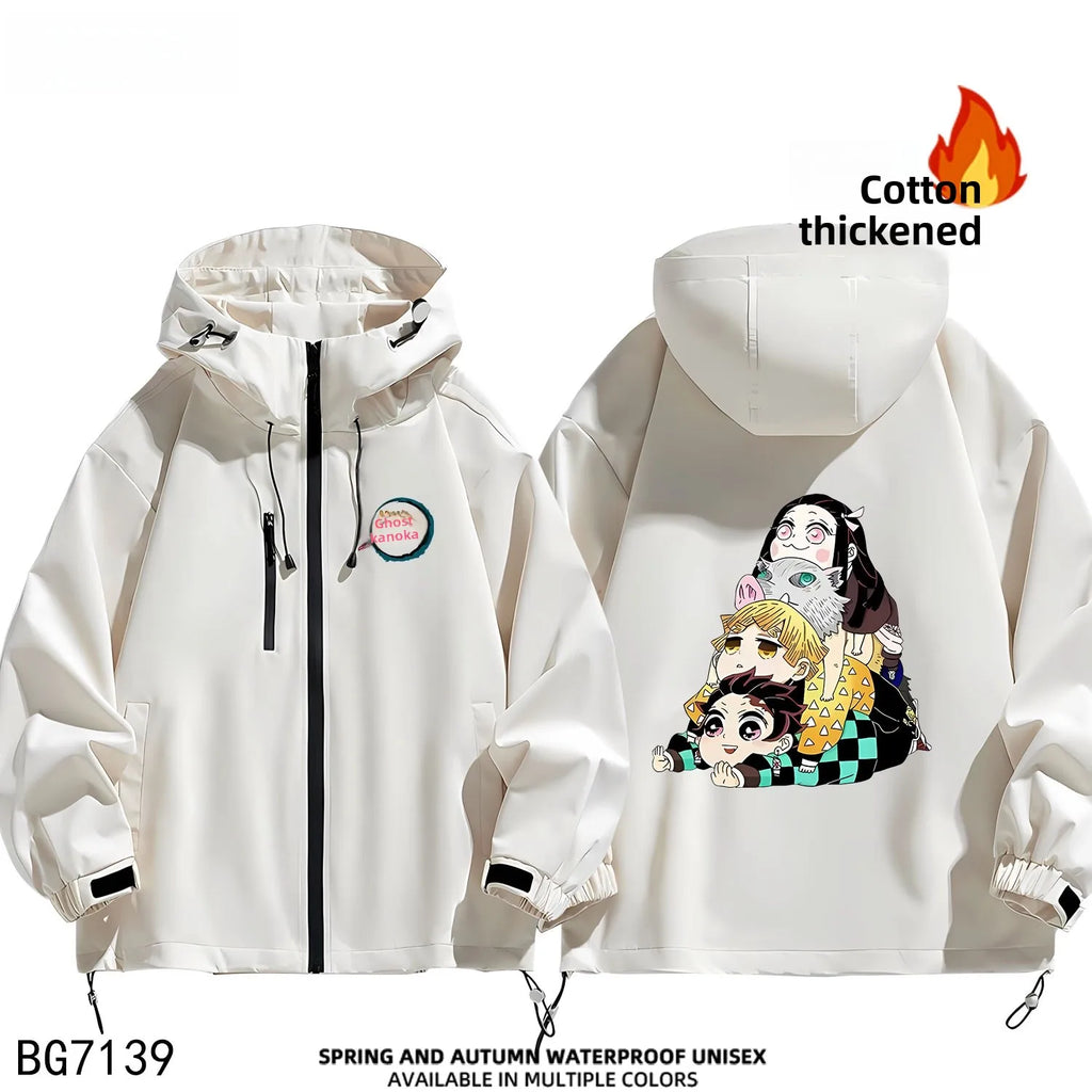 Ruike Men's Thiened Cotton Hooded Jaet Casual Outdoor Waterproof Spring Autumn Winter Anime Ghost Slayer Coat Jaet