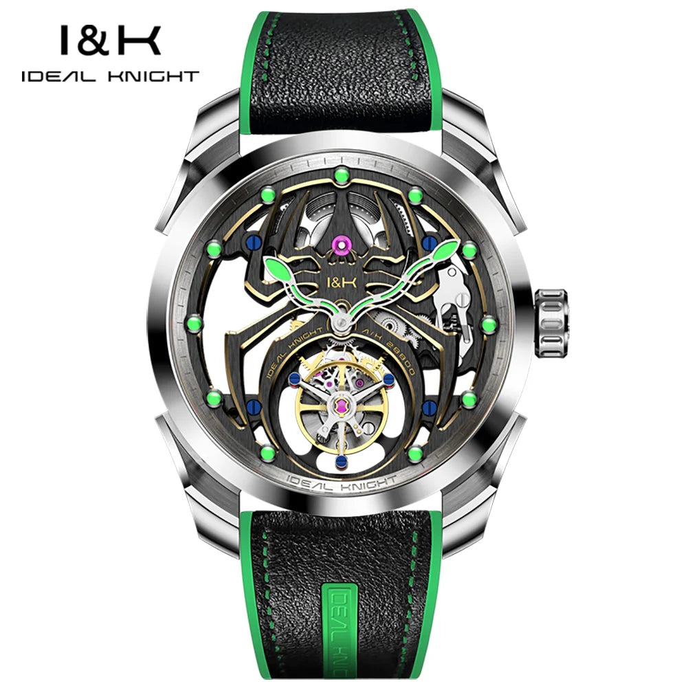 Ideal Knight Automatic Mechanical Watch for Men Hollow out Spider Design   Flywheel Movement Sapphire Mirror Men's Watches