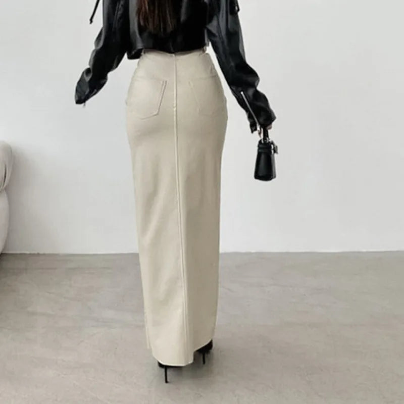 Women's Split Design Solid Color High Waist Pu Leather Skirt 2026 Spring Fall Office Lady Trendy Streetwear Long Skirts