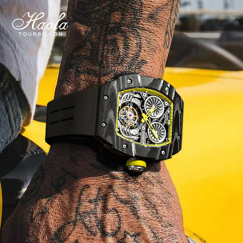 Haofa Double-Spring Drive Flying Automatic Tourbillon Man Watch Mechanical Tourbillon Carbon Fiber Men's Watch Skeleton 1922