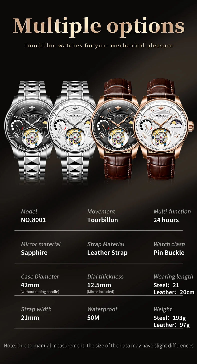 OUPINKE Men's Watch Top Luxury Fashion Original Tourbillon Mechanical Watch for Man Leather Strap Sapphire Mirror Moon Phase