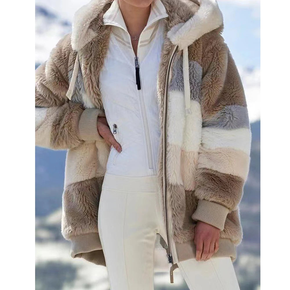 Oversized Jacket for Women Coat 2025 Autumn Winter Warm Plush Pocket Hooded Streetwear Loose Lady Zipper Cashmere Outerwear Coat