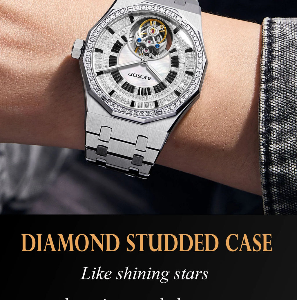 AESOP Automatic Tourbillon Mechanical Skeleton Watch For Man Watches Waterproof Wristwatches Sapphire Mirror Diamond luxury new