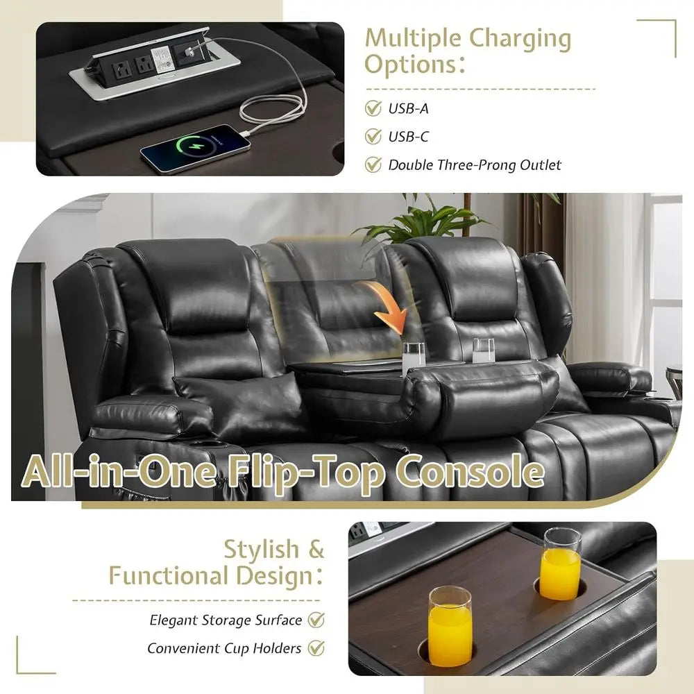 Adjustable Split Back Reclining Loveseat with Storage, Cup Holders, LED Lighting - Black Auxiliary Leather Home Theater Seating