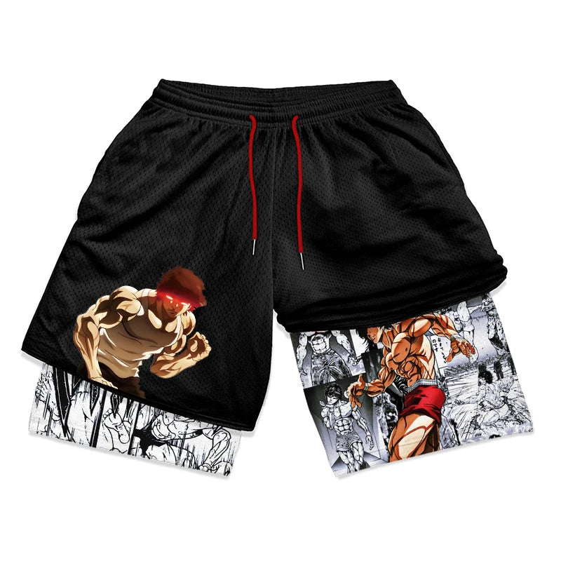 Anime Baki Hanma Gym Workout Shorts for Men Athletic Quick Dry 2 in 1 Compression Shorts Cosplay Costume